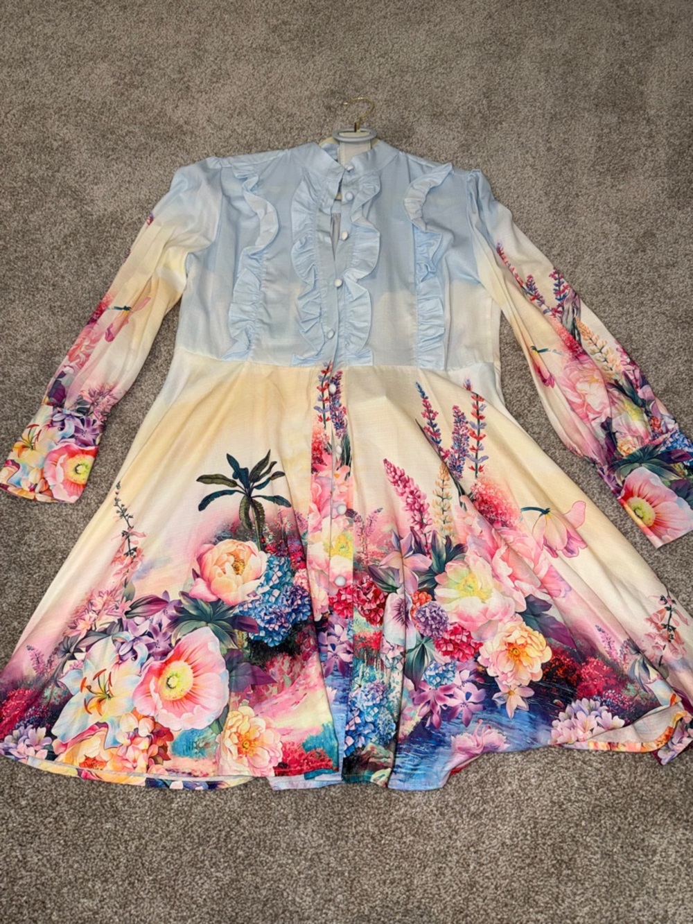 Floral Ruffle-Front Midi Dress in Pastel Blue and Multi